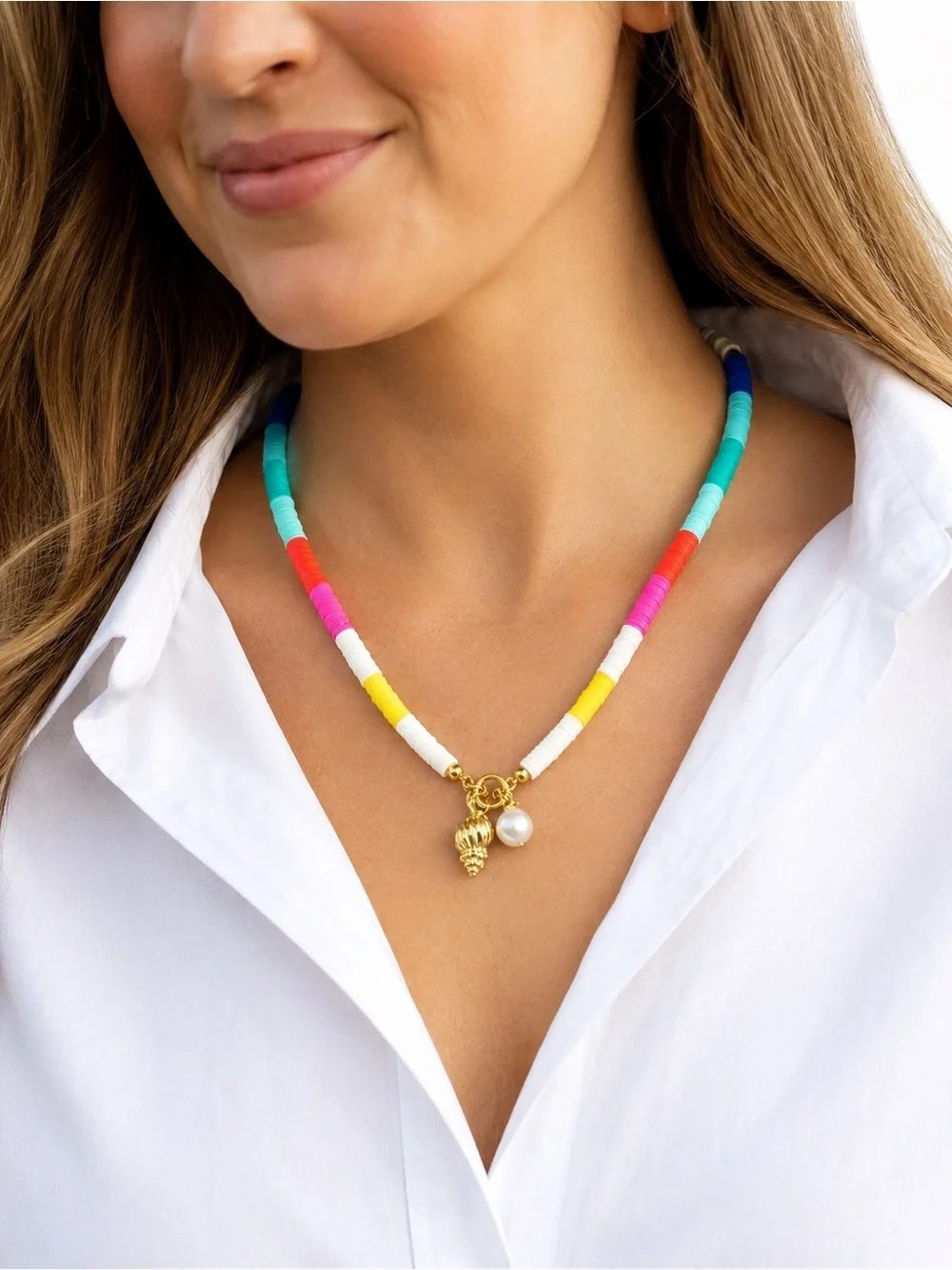 Rainbow Rubber Disc Bead Necklace Gold Shell Pearl Charm Summer Beach Boho